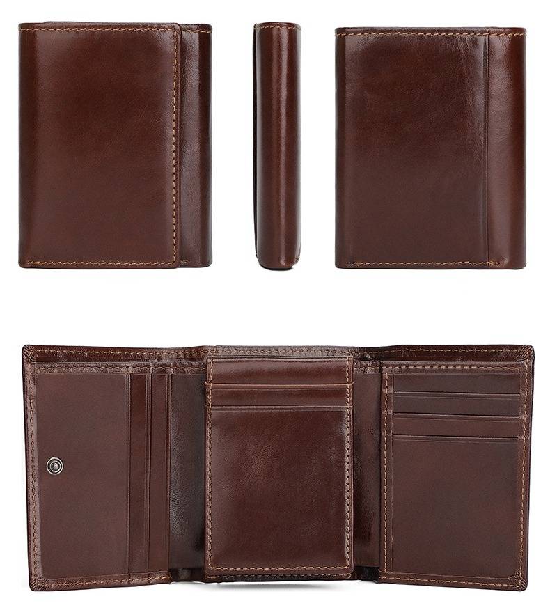 Dark brown men's trifold wallet, interior view
