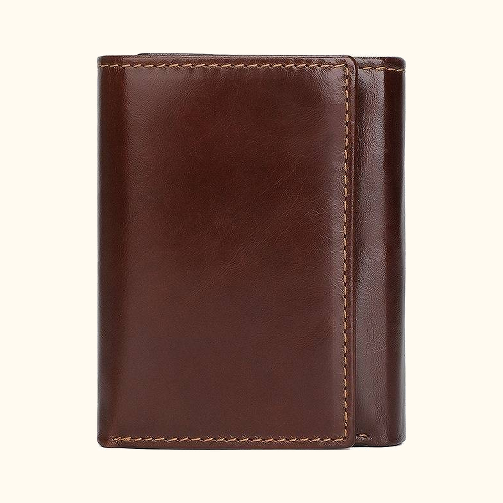 Dark brown men's trifold wallet, flat lay
