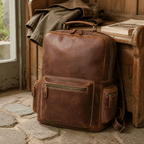Brown men's weekender backpack, interior view