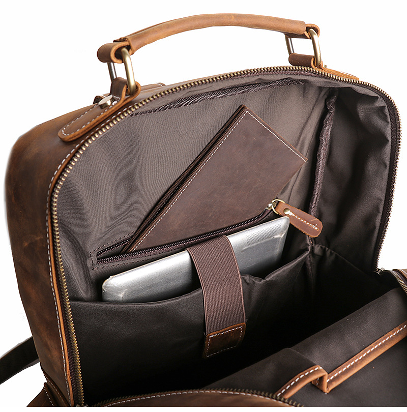 Brown men's weekender backpack, side view