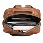 Brown men's weekender backpack, side pocket detail