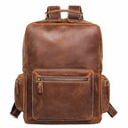 Brown men's weekender backpack, back panel detail