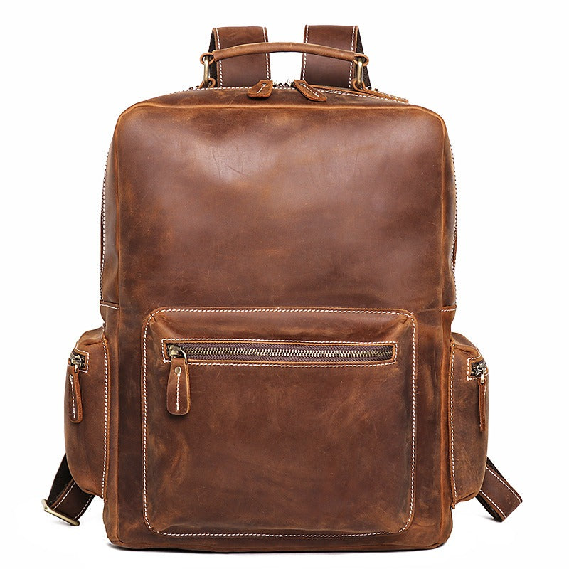 Brown men's weekender backpack, back panel detail