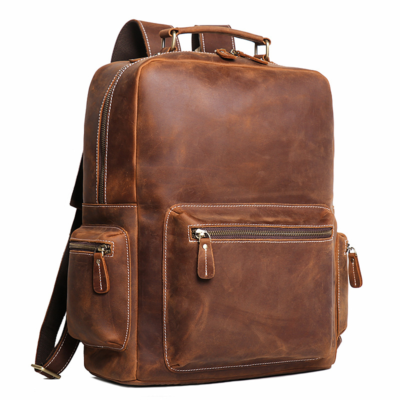 Brown men's weekender backpack, back view
