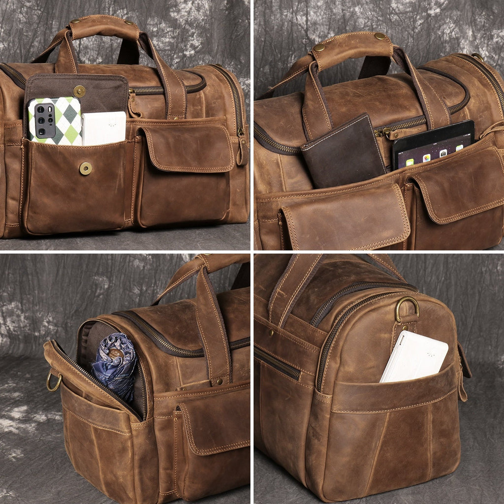 Brown men's weekender bag on an outdoor adventure scene