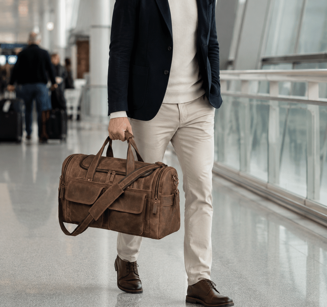Brown men's weekender bag, flat lay