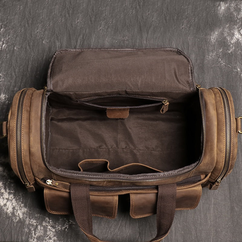 Brown men's weekender bag, front pocket detail