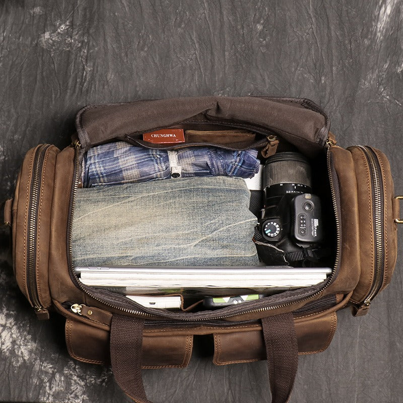 Brown men's weekender bag, back view