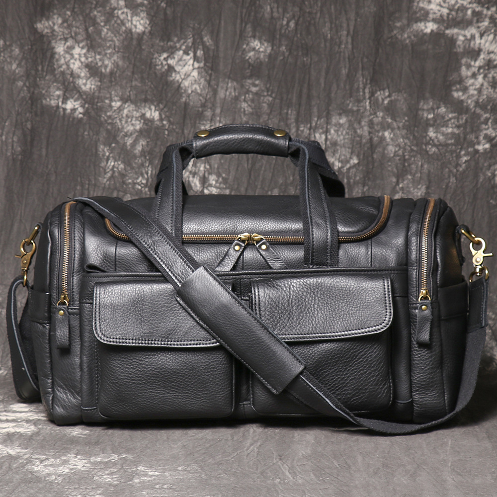 Lychee-grain black men's leather weekender bag