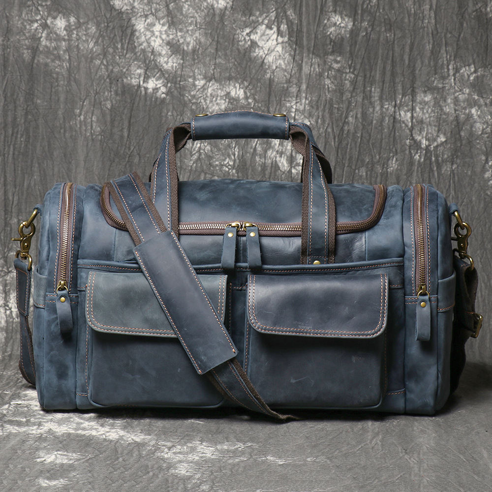 Vintage navy men's leather weekender bag
