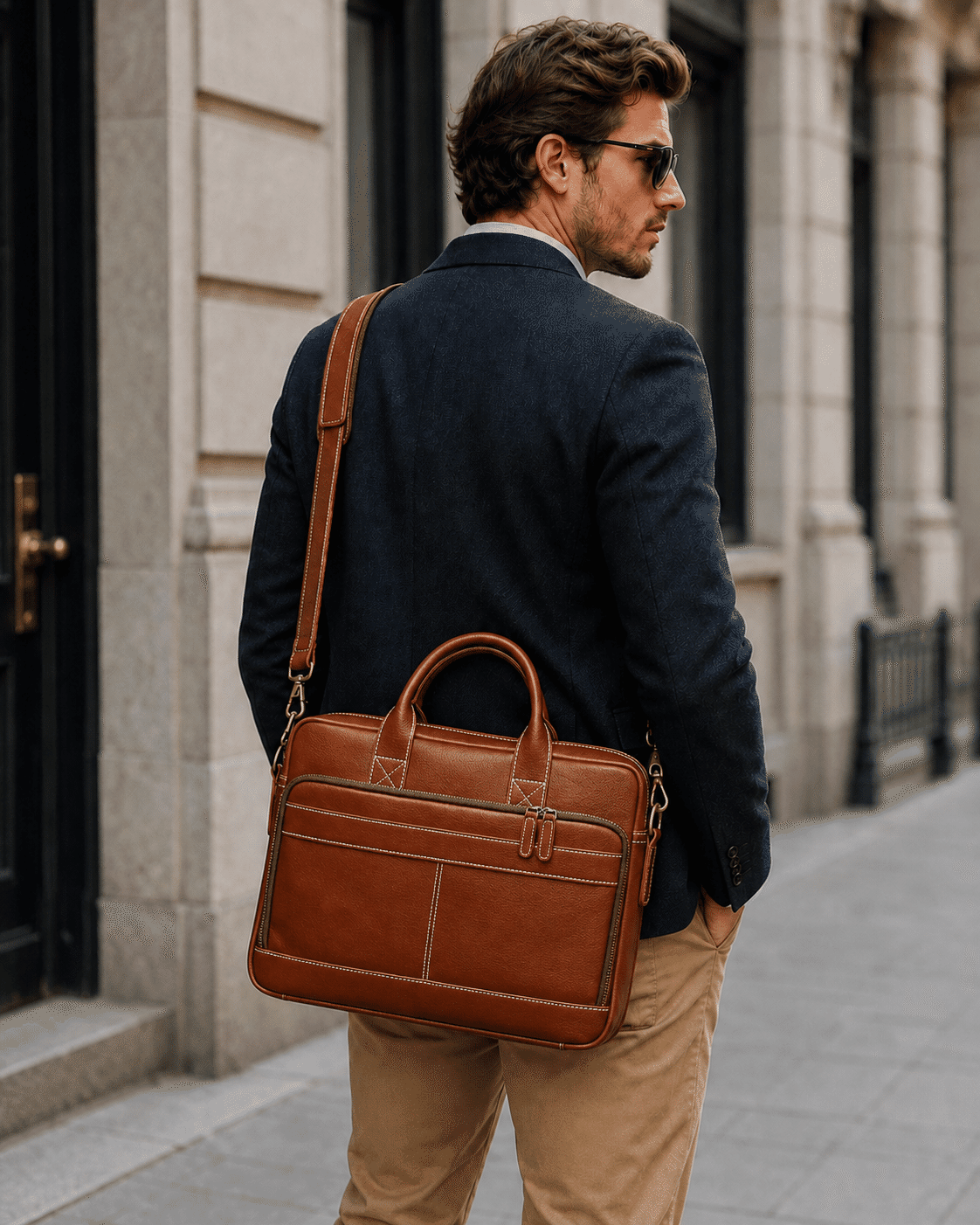 Brown men's work bag, strap detail