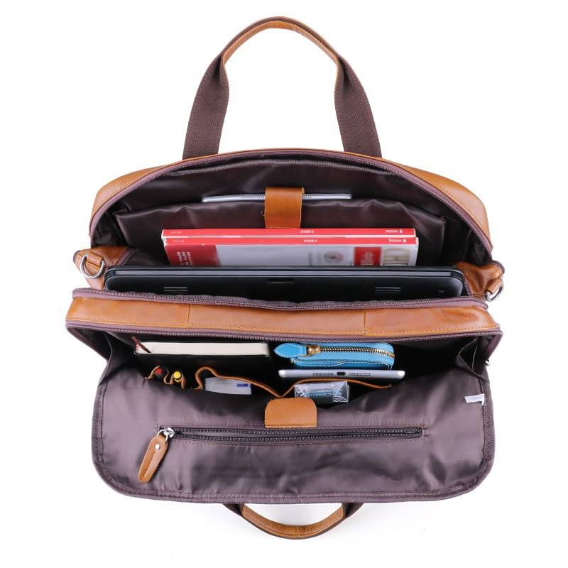 Brown men's work tote, front pockets detail