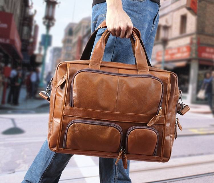 Brown men's work tote, back view