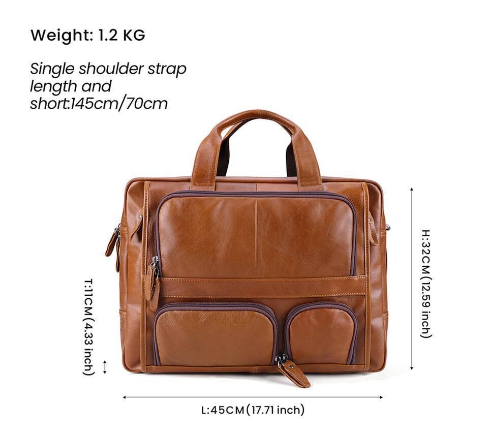 Brown men's work tote, size chart