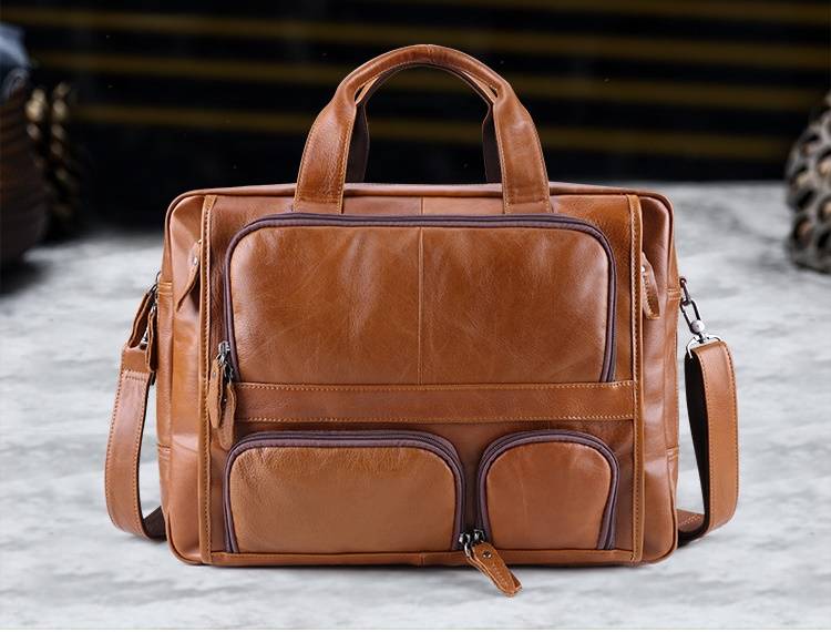 Brown men's work tote, side view