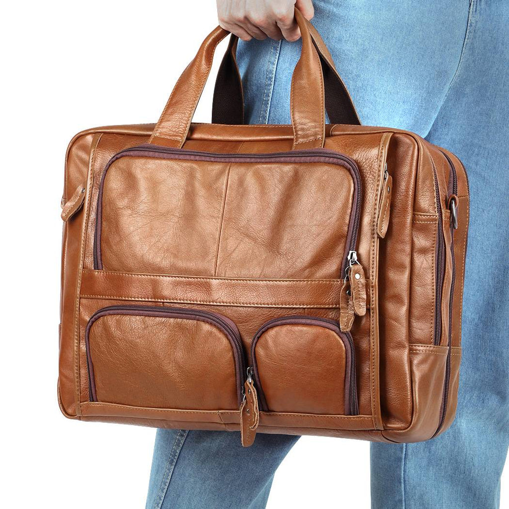 Brown men's work tote, interior compartments
