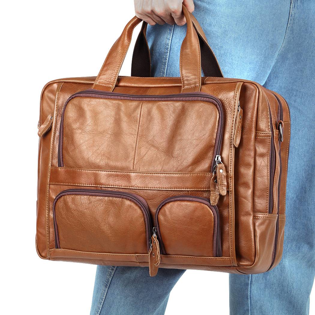 Brown men's work tote, interior compartments