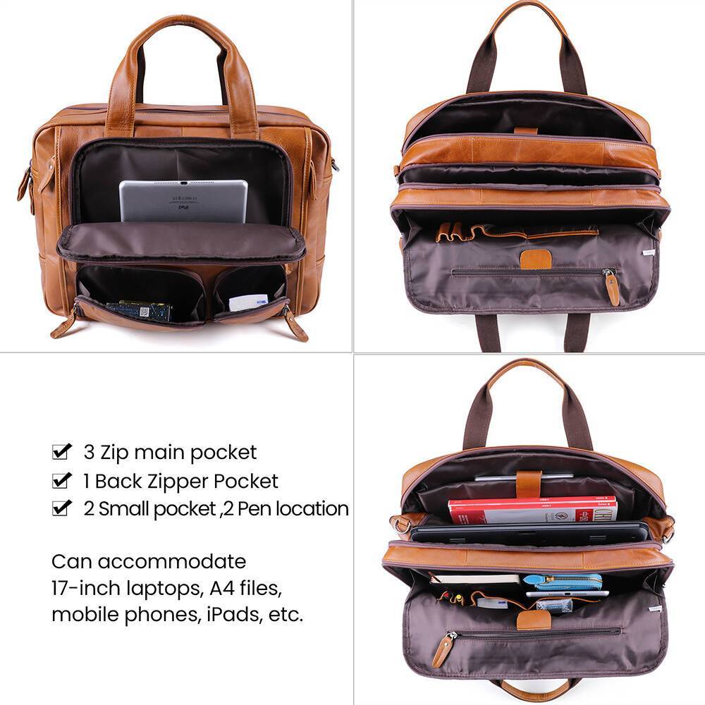 Brown men's work tote, storage features labeled