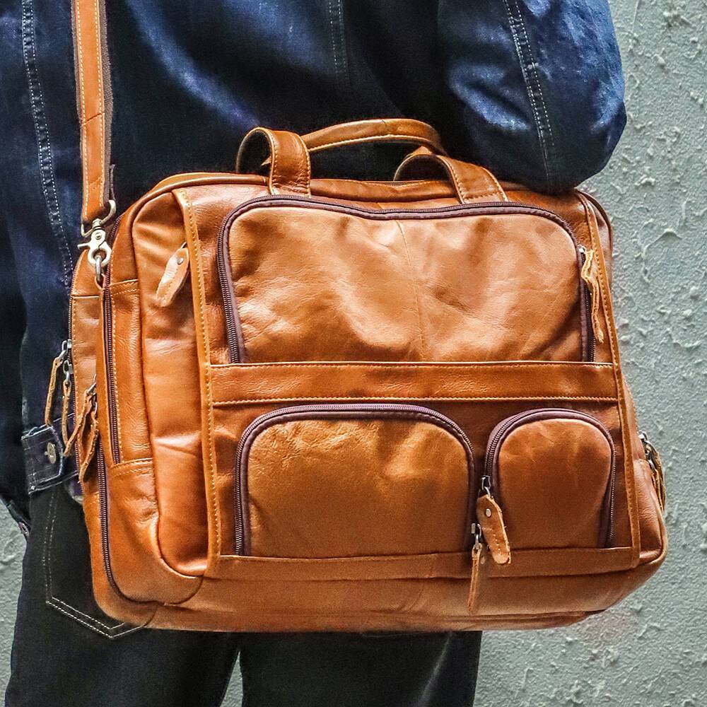 Brown men's work tote, interior view with tablet