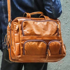 Brown men's work tote, interior view with tablet