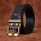 Black men's matte leather belt — buckle detail