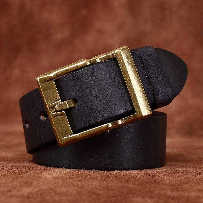 Black men's matte leather belt — flat lay