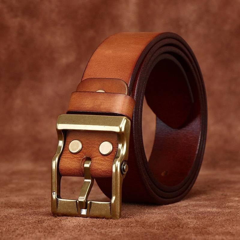 Brown men's matte leather belt — flat lay