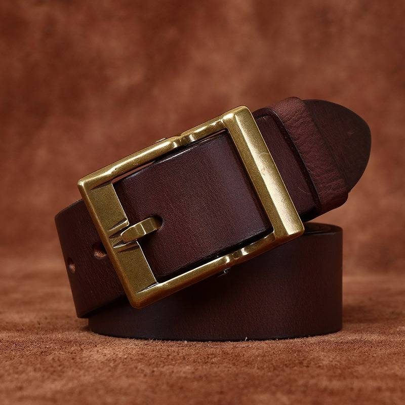 Dark brown men's matte leather belt — buckle detail