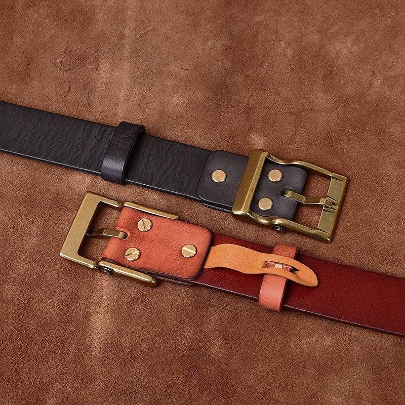 Dark brown men's matte leather belt — coiled belt