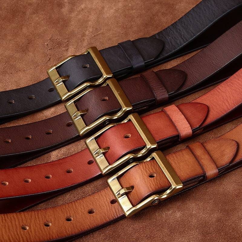 Dark brown men's matte leather belt — buckle and strap