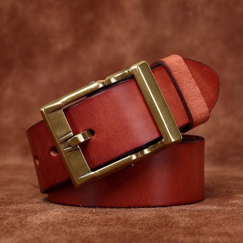 Orange-red men's matte leather belt — studio shot