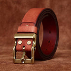 Orange-red men's matte leather belt — buckle detail