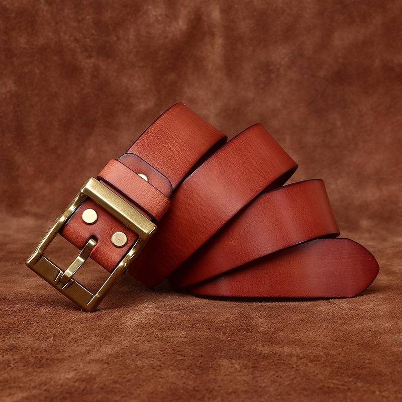Orange-red men's matte leather belt — flat lay