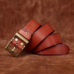 Orange-red men's matte leather belt — flat lay