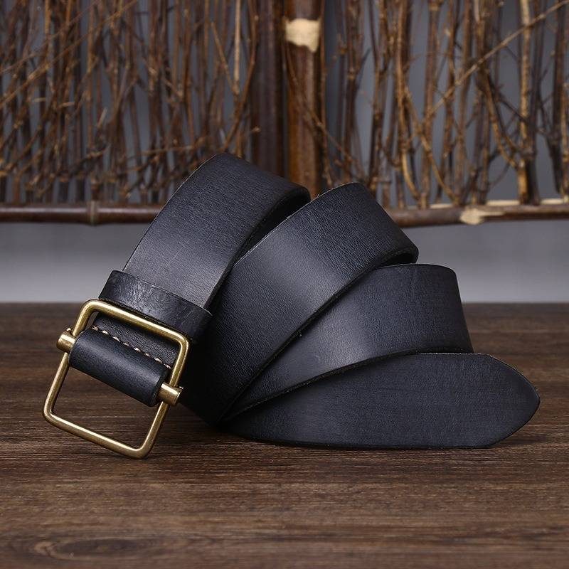 Black men's no-hole leather belt — studio shot