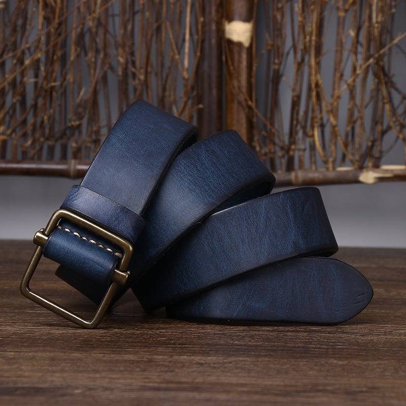 Blue men's no-hole leather belt — studio shot