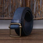 Blue men's no-hole leather belt — buckle detail