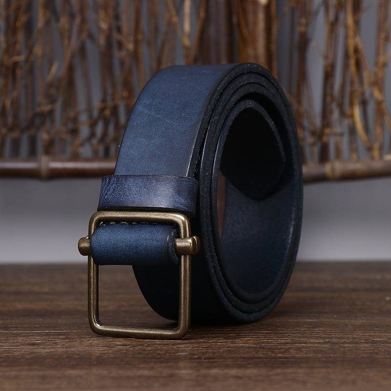 Blue men's no-hole leather belt — buckle detail