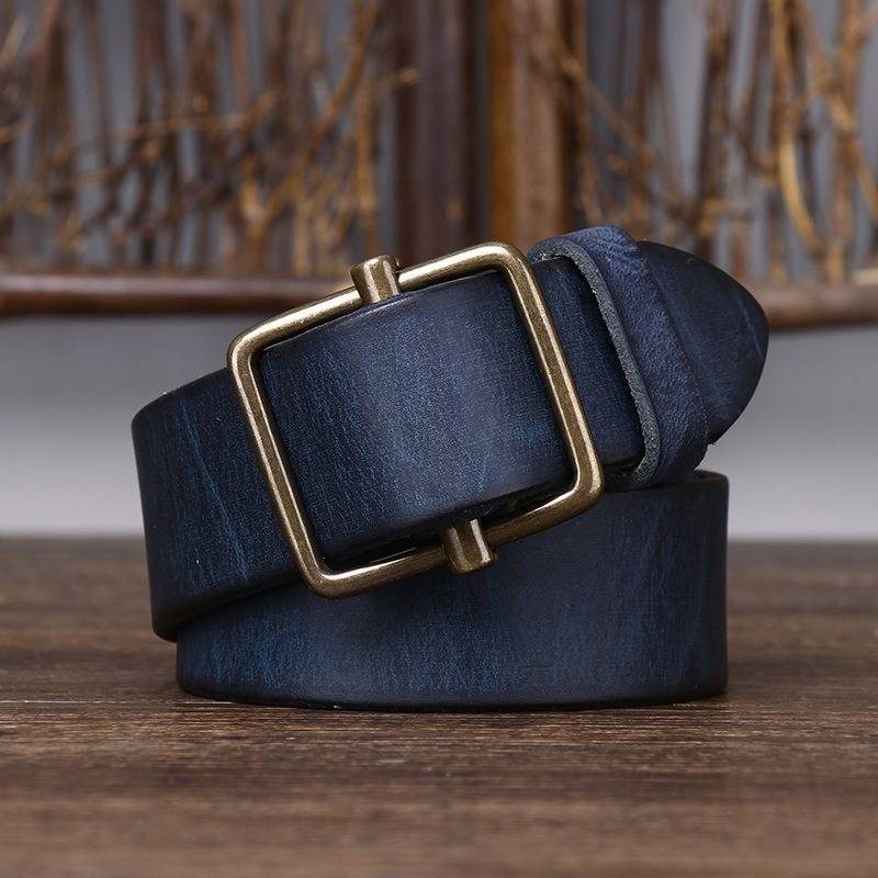 Blue men's no-hole leather belt — flat lay