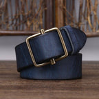 Blue men's no-hole leather belt — flat lay