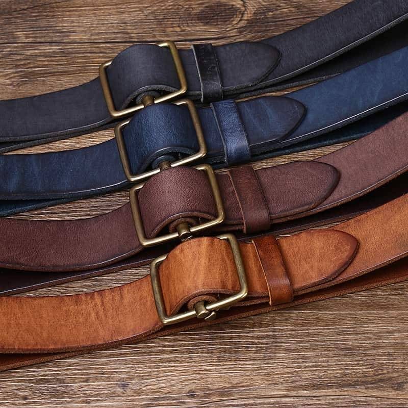 Brown men's no-hole leather belt — flat lay