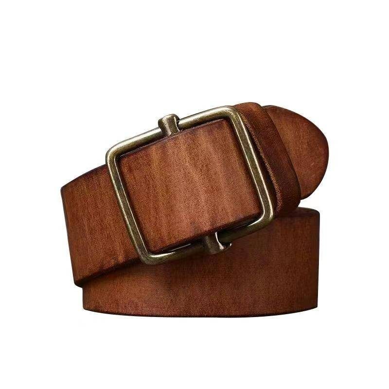 Brown men's no-hole leather belt — texture detail