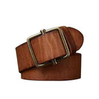 Brown men's no-hole leather belt — texture detail