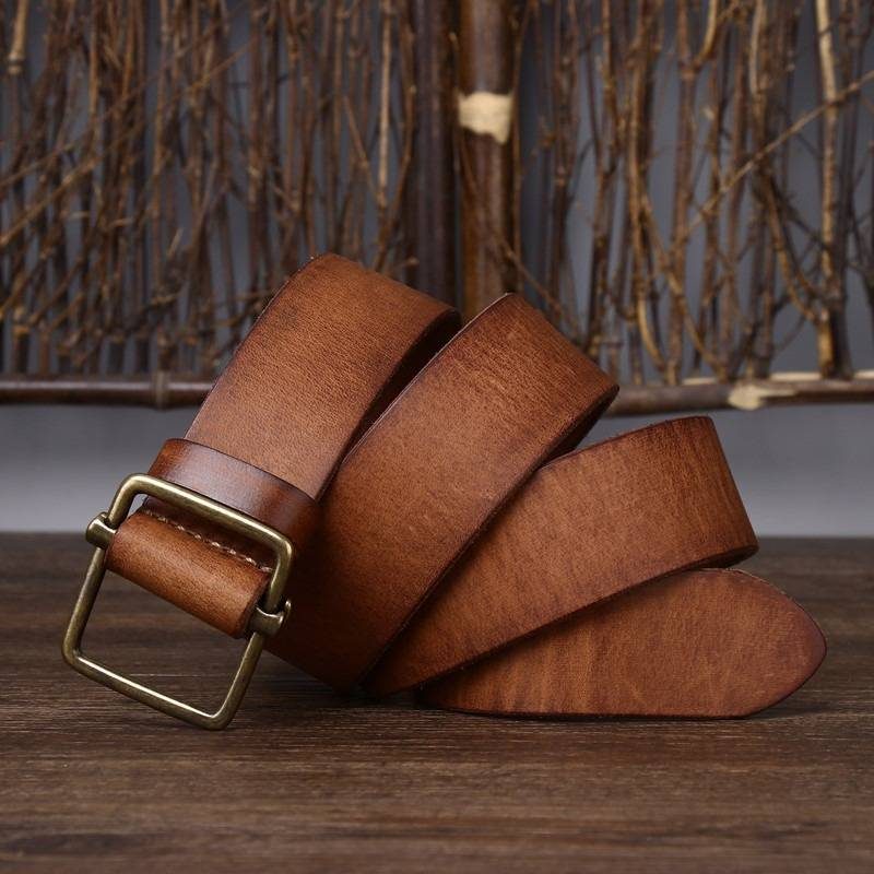 Brown men's no-hole leather belt — coiled belt