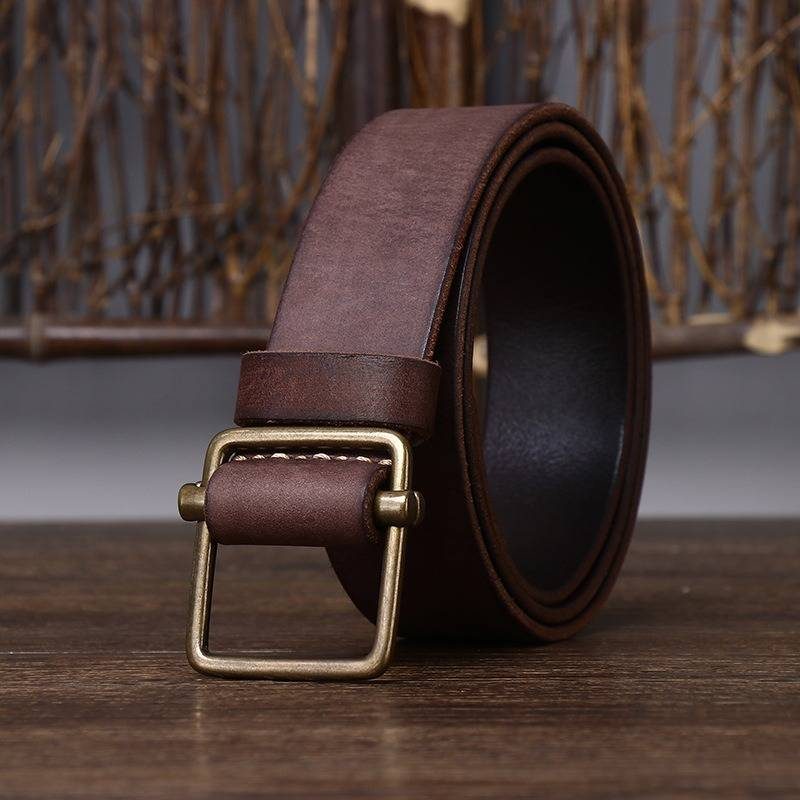 Dark brown men's no-hole leather belt — studio shot