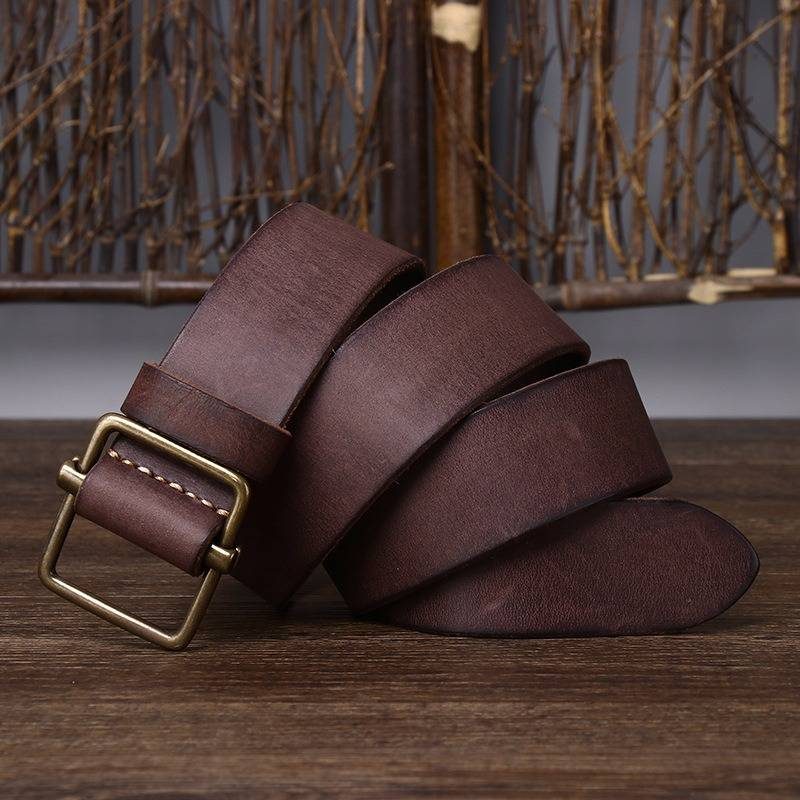 Dark brown men's no-hole leather belt — buckle detail