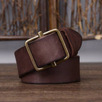 Dark brown men's no-hole leather belt — flat lay