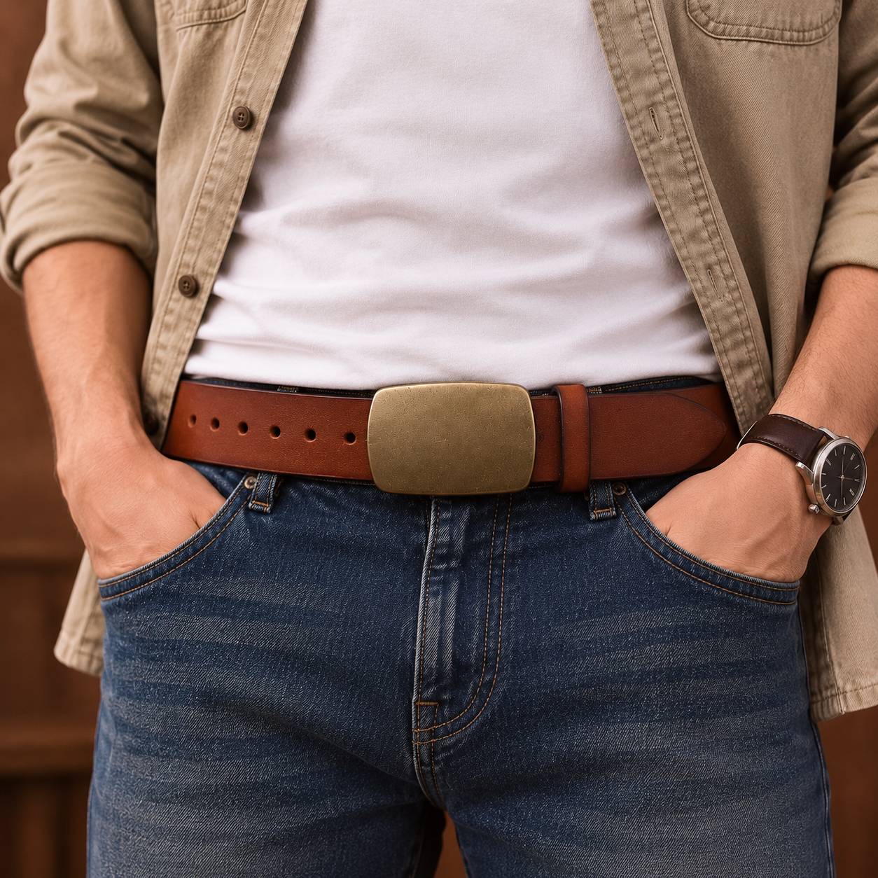 Brown men's belt, slider buckle