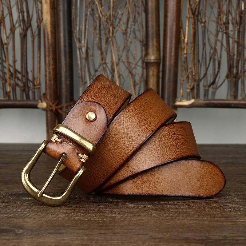 Brown men's casual leather belt — flat lay