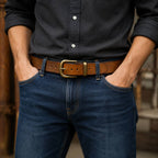 Brown men's casual leather belt — buckle and strap
